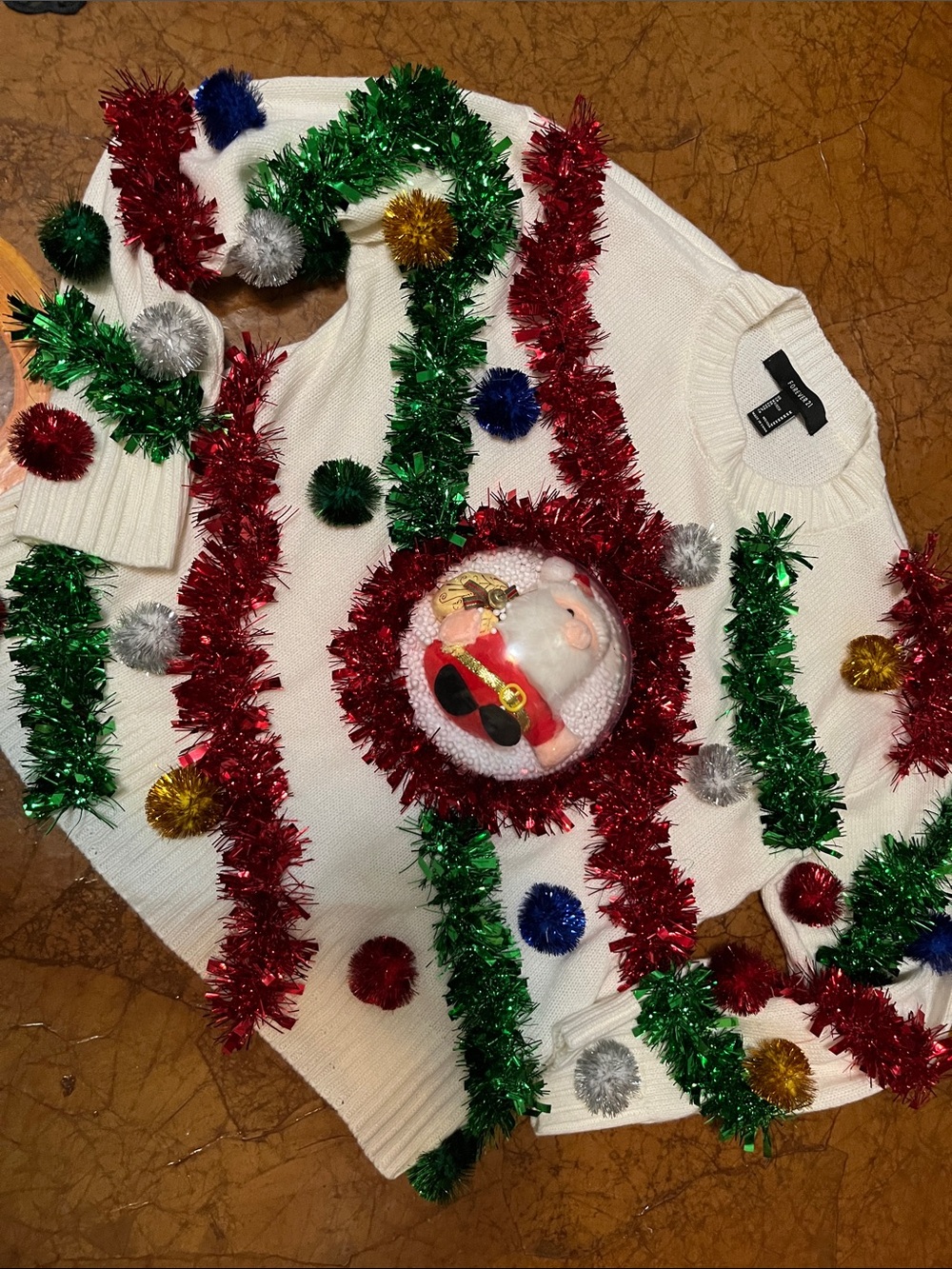 Forever 21 White Holiday Pom-Pom Sweater with Festive Tinsel Sz Med